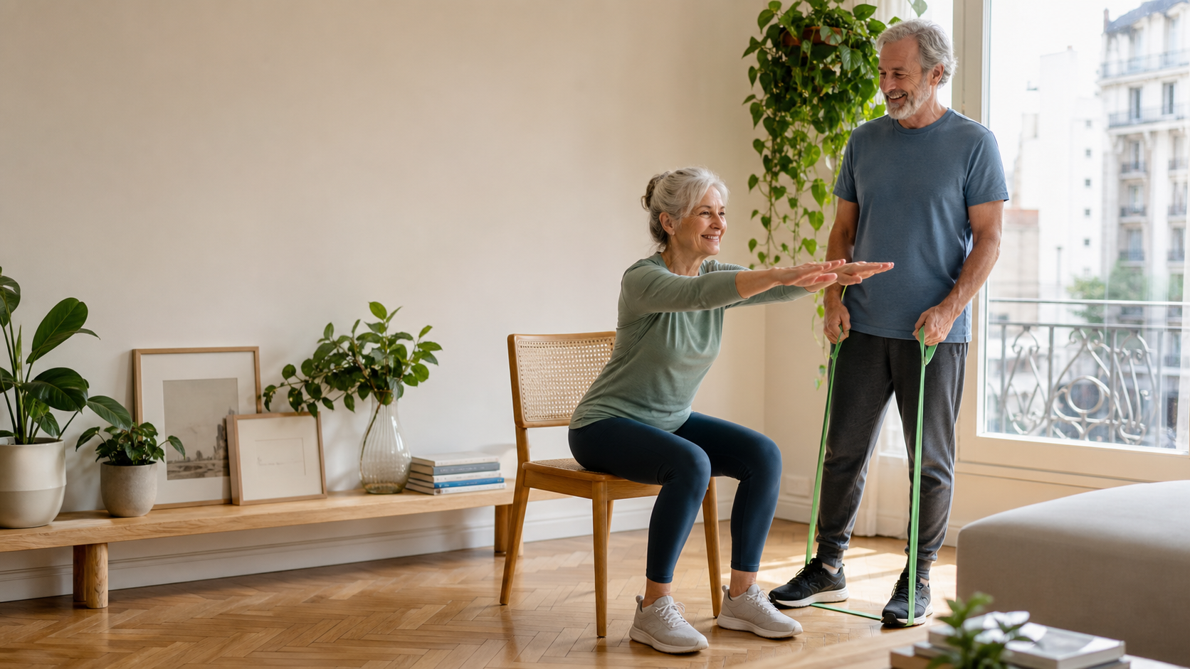 Pareja de adultos mayores realizando ejercicios de fuerza funcional en casa con una silla y bandas elásticas.