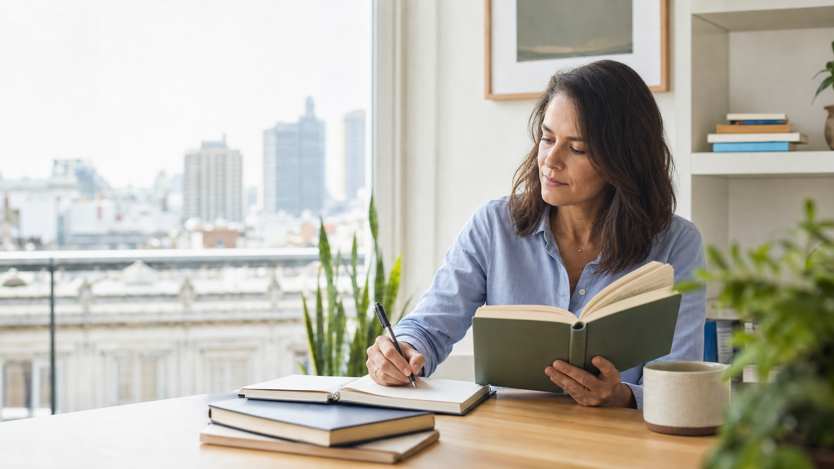 Mujer adulta leyendo y tomando notas en un espacio de trabajo luminoso, representando foco y aprendizaje cotidiano.