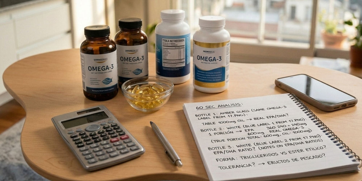 Etiquetas de omega-3: cómo elegir en 60 segundos (EPA+DHA reales, porción, forma y tolerancia)