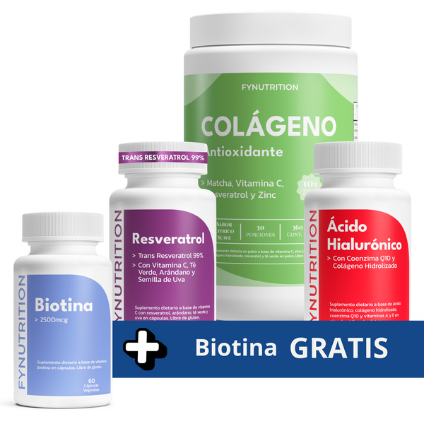 Pack Anti-Age Intensivo: Resveratrol + Colágeno Antioxidante + Ácido Hialurónico + Biotina GRATIS