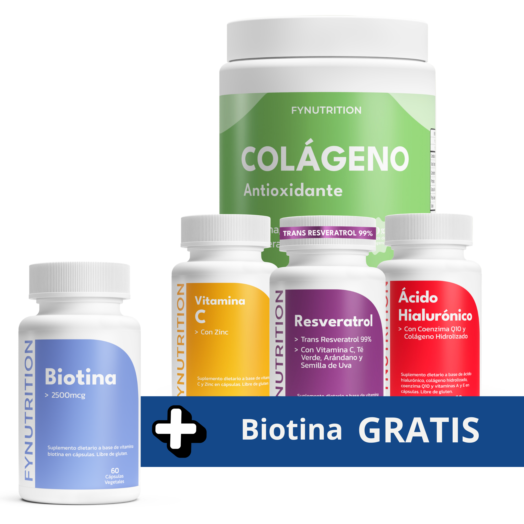 Pack Rejuvenecimiento 360: Resveratrol + Colágeno Antioxidante + Ácido Hialurónico + Vitamina C + Biotina GRATIS
