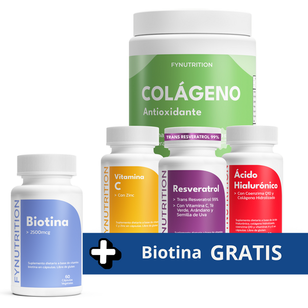 Pack Rejuvenecimiento 360: Resveratrol + Colágeno Antioxidante + Ácido Hialurónico + Vitamina C + Biotina GRATIS