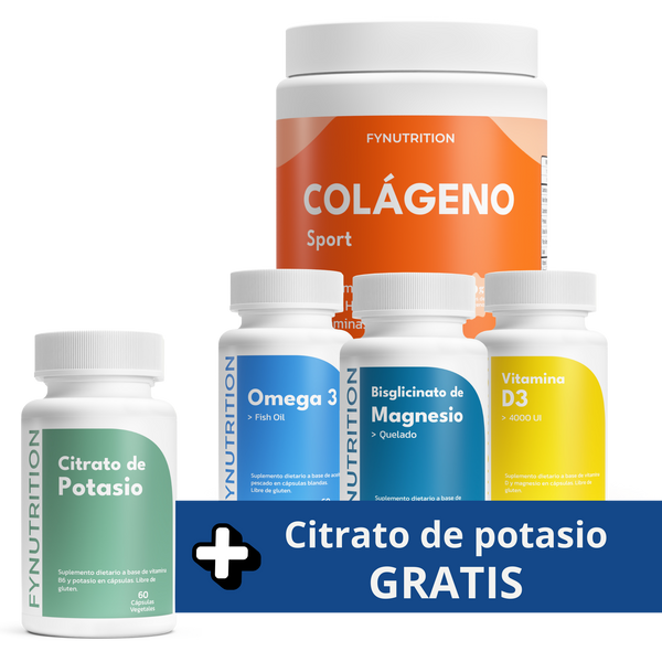 Pack Atleta Completo: Colágeno Sport + Bisglicinato + Omega 3 + Vitamina D3 + Citrato de Potasio GRATIS
