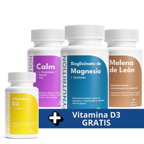 Pack Calma & Descanso: Bisglicinato de Magnesio + Calm + Melena de León + Vitamina D3 GRATIS