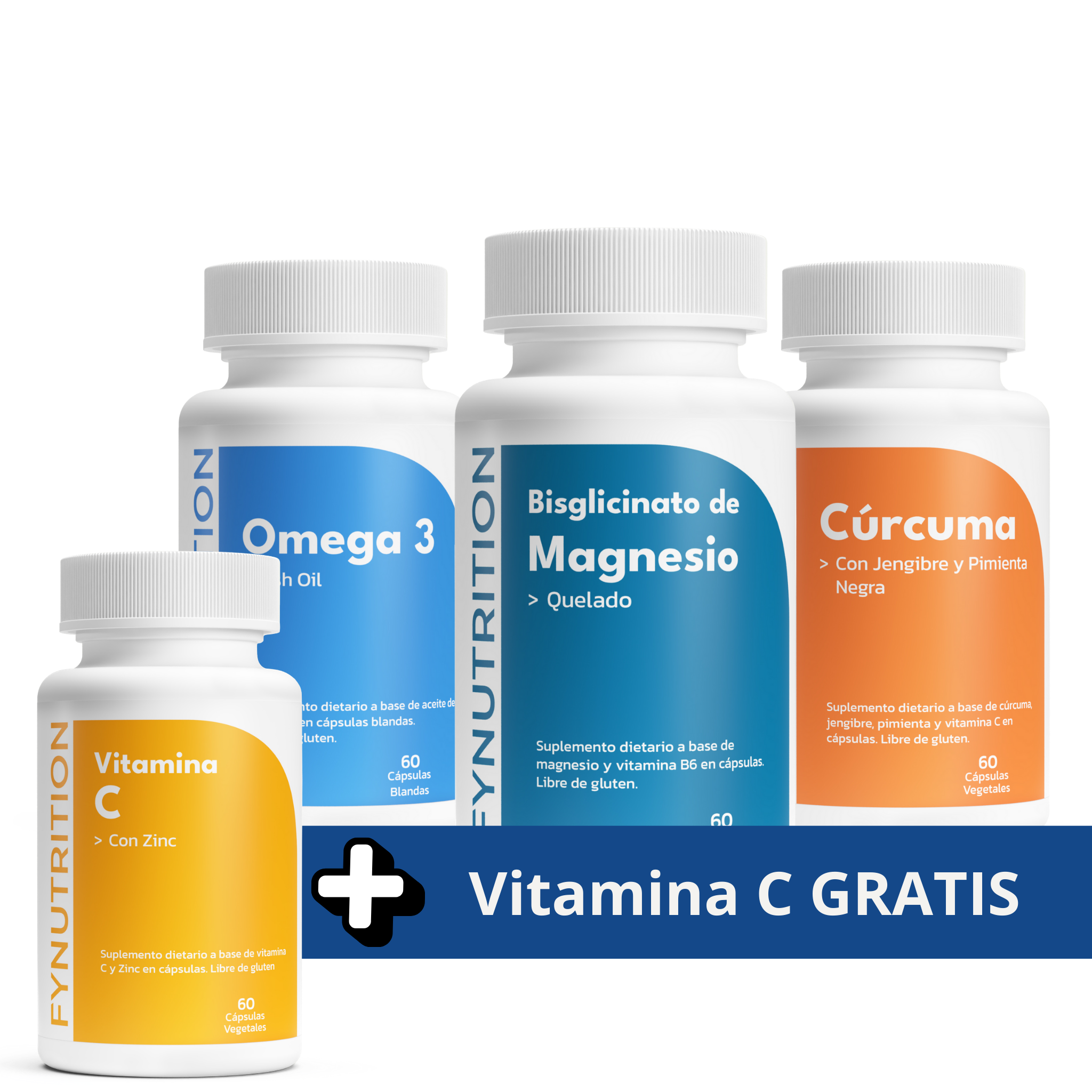 Pack Bienestar 360°: Bisglicinato de Magnesio + Omega 3 Fish Oil + Cúrcuma + Vitamina C GRATIS