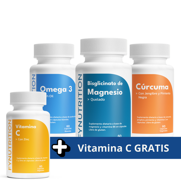 Pack Bienestar 360°: Bisglicinato de Magnesio + Omega 3 Fish Oil + Cúrcuma + Vitamina C GRATIS