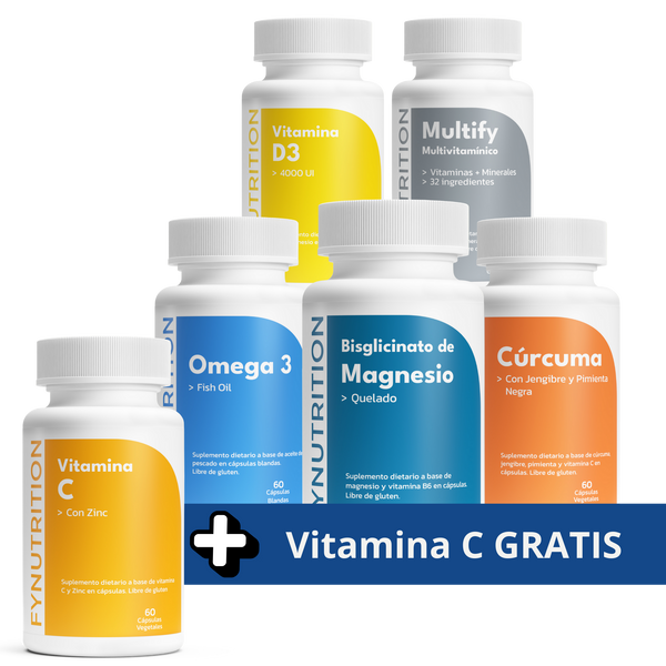 Pack Bienestar Total: Bisglicinato de Magnesio + Omega 3 Fish Oil + Cúrcuma + Multify + Vitamina D3 + Vitamina C GRATIS