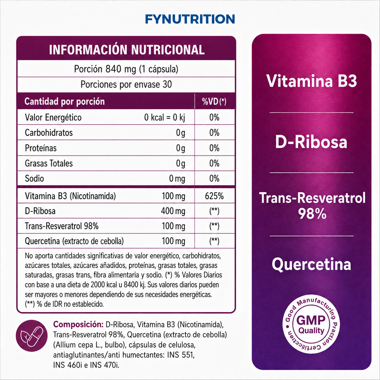 NAD+ Resveratrol Con Quercetina - Fórmula Potente - Longevidad - 30 Días