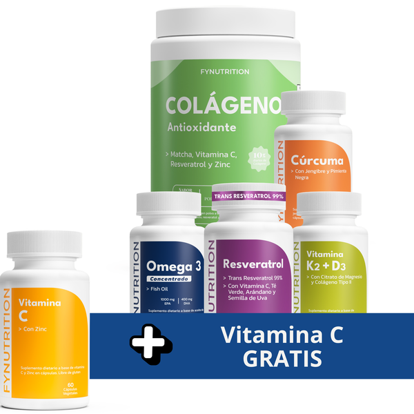 Pack Longevidad Max: Omega 3 Concentrado, Resveratrol, Vitamina K2 + D3, Cúrcuma, Colágeno Antioxidante + Vitamina C GRATIS
