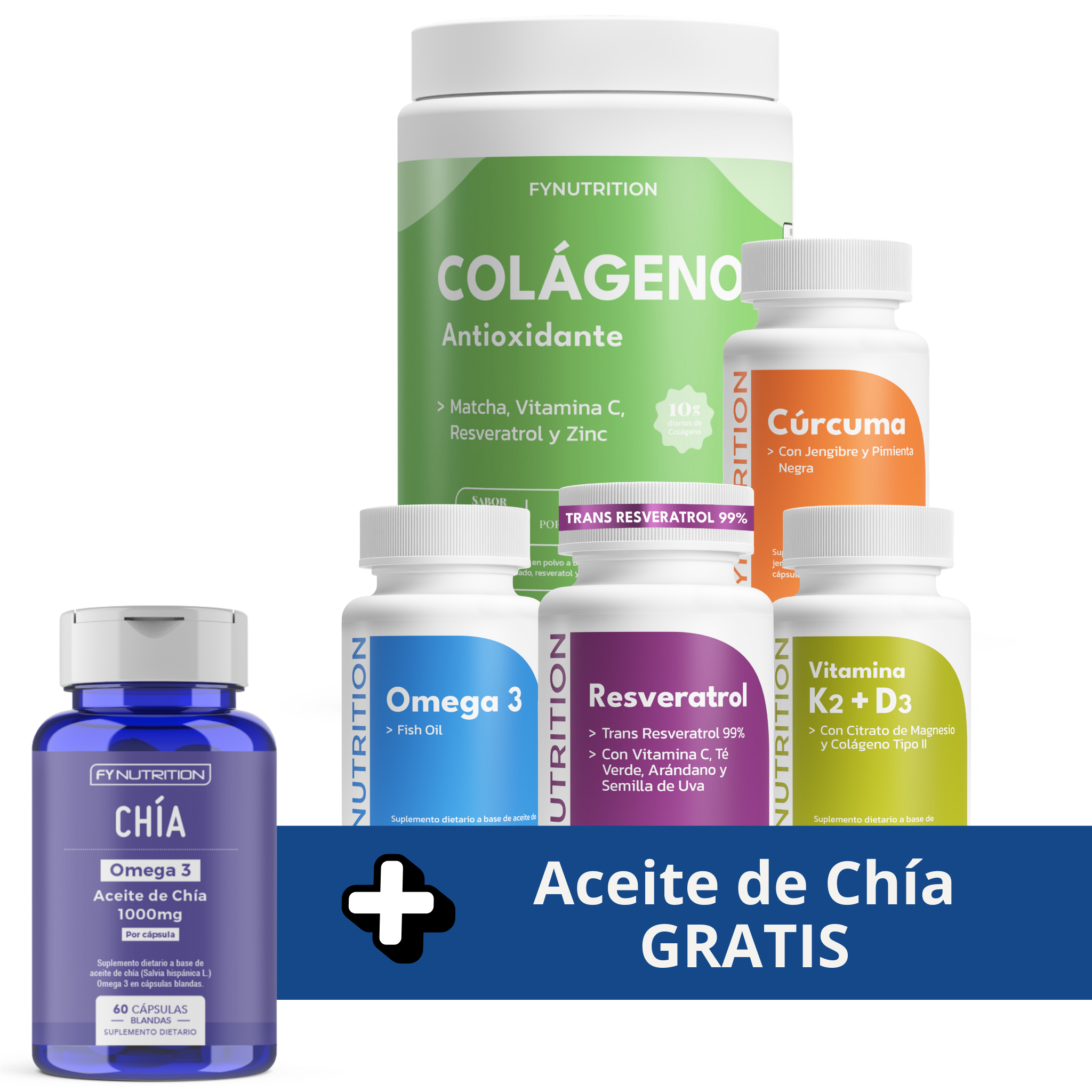 Pack Longevidad Max: Omega 3 Fish Oil + Resveratrol + Vitamina K2 D3 + Cúrcuma + Colágeno Antioxidante + Aceite de Chía GRATIS