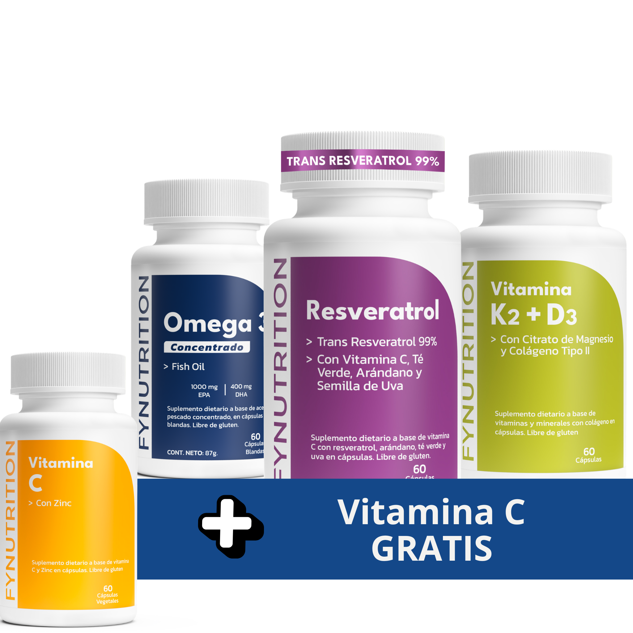 Pack Longevidad Premium: Omega 3 Concentrado + Resveratrol + Vitamina K2 D3 + Vitamina C GRATIS